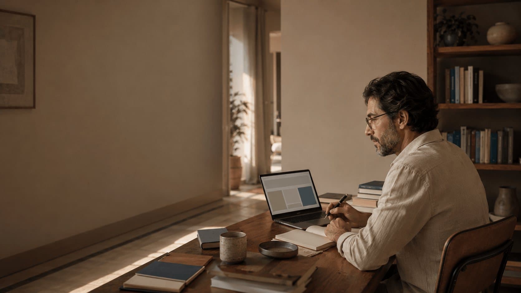 Profissional sentado à mesa de trabalho em luz baixa, escrevendo à mão ao lado do laptop aberto