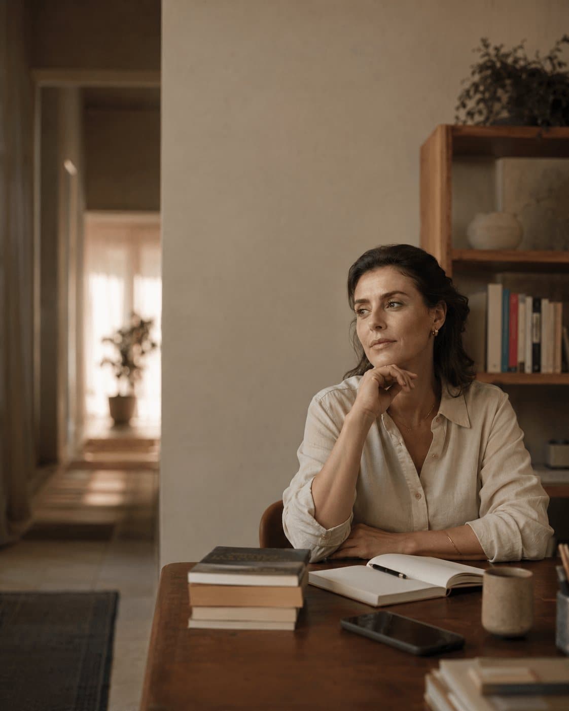 Psicanalista sentada à sua mesa de trabalho, com livros e um caderno aberto, olhando para a luz da janela