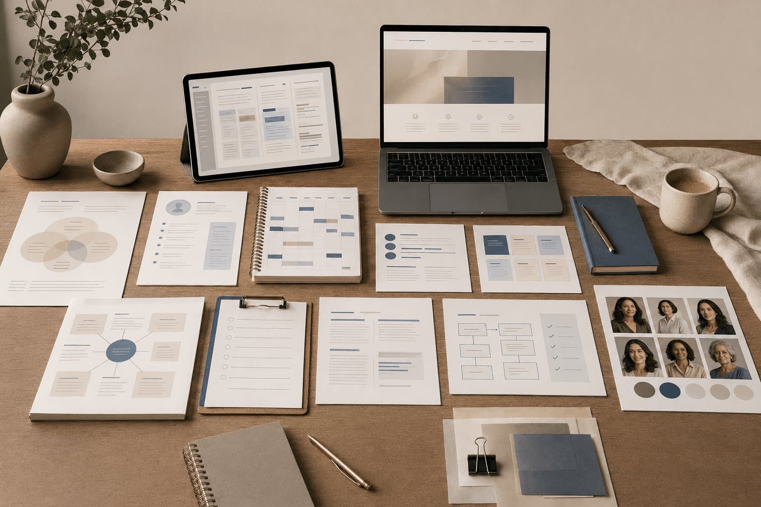 Mesa de trabalho vista de cima com materiais impressos da mentoria: mapas de posicionamento, calendário editorial, checklists, um site aberto no laptop e uma folha de retratos profissionais